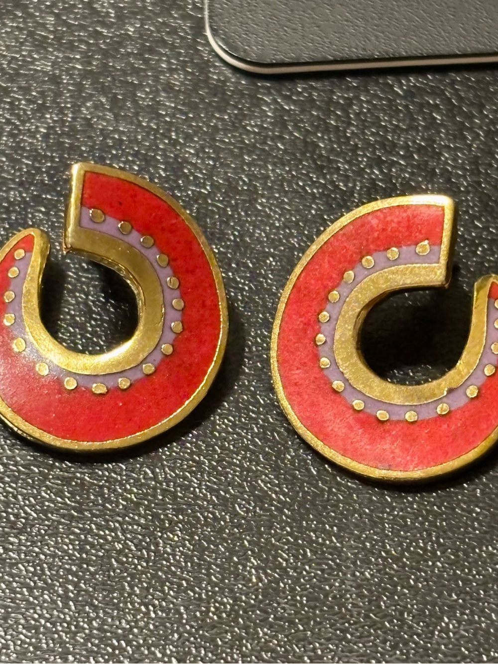 Laurel Burch Red and Purple Enamel “Hitoshi” Tribal Earrings with Gold Accents